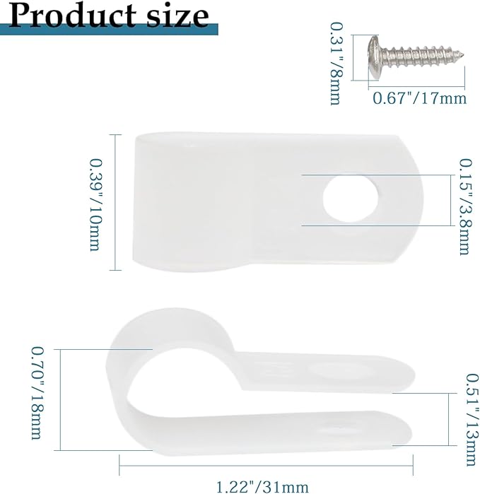 50 Pcs 5/8 Inch White Nylon Screw Mounting R-type Cable Clip Wire Clamp, 16mm Cable Clip Wire Clamp for Wire Management, Stainless Steel Screws Included