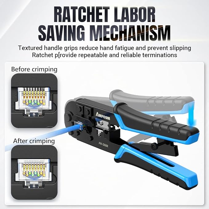 AMPCOM RJ45 Crimping Tool, 8P/6P-RJ11, RJ12 Crimper Cutter Stripper AM-568R