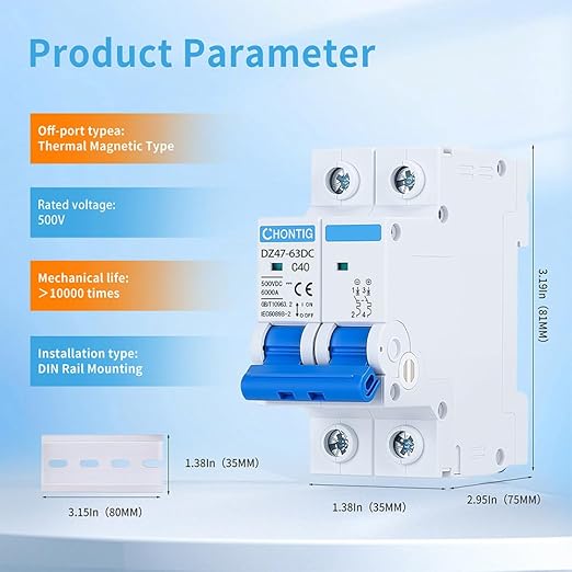 40 Amp Miniature DC Circuit Breaker 500V 2 Pole, Solar PV Disconnect Switch with Thermal Magnetic Trip, DIN Rail Mount Isolator C40