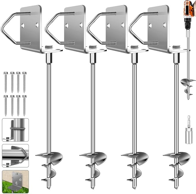 Ground Anchors Shed Anchors 14" Set of 4 Trampoline Stakes Screw in Heavy Duty Mobile Home - Storage Shed Anchor Kit - Playset Swing Anchors - Stakes for Fence,Carport,Garden (Silver, 4 x 14in)