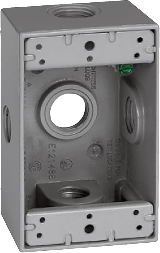 SIGMA ENGINEERED SOLUTIONS 14251-5X Metal Electrical Outlet Box, Weatherproof, Easy Mount Plug and Receptacle Protector, Gray, (5) 1/2-Inch Holes, 1 Gang Box with Side Entry