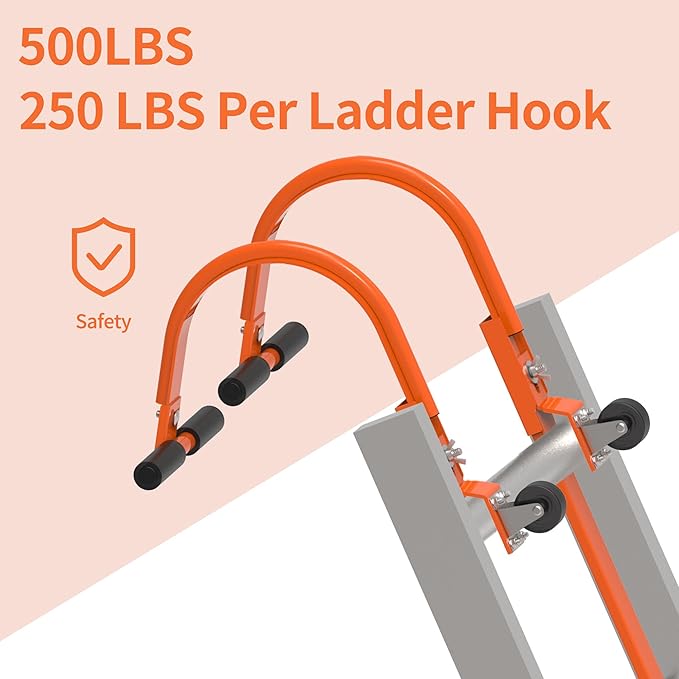 2 Pack Heavy Duty Ladder Roof Hook with Wheel Rubber Grip T-Bar for Damage Prevention,500 lbs Weight Ratin,Fast & Easy to Access Steep Roof