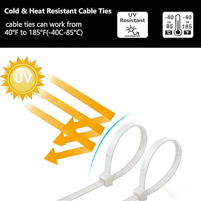 1000PCS 10 inch Black Zip Ties 75LBS Tensile Strength Self-Locking heavy duty UV Resistant Cable Tie Wraps for indoor and outdoor use(White)