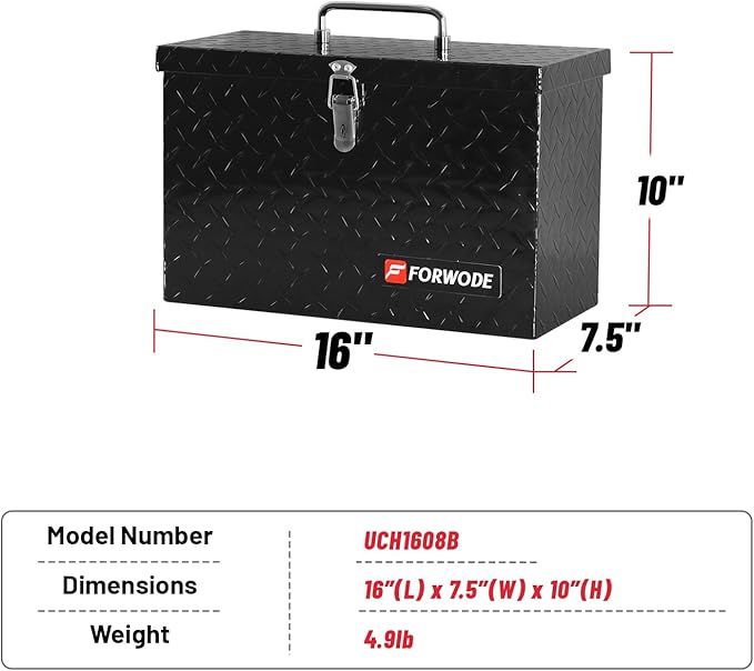 FORWODE 16 Inch Aluminum Truck Tool Box Lockable Truck Bed Tool Box Waterproof Truck Bed Storage Box with Top Foldable Handle Small Truck Tool Chest for Pickup, Truck Bed, RV, Trailer & Garage (Black)