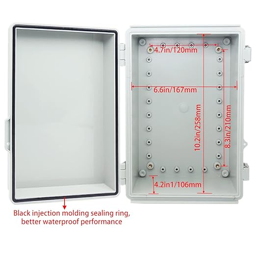 Junction Box, Hinged Cover Stainless Steel Latch IP67 Waterproof ABS Project Box with 2 Cable Glands, Electrical Box Enclosure with Mounting Plate & Wall Bracket 11 x 7.5 x 5.5inch
