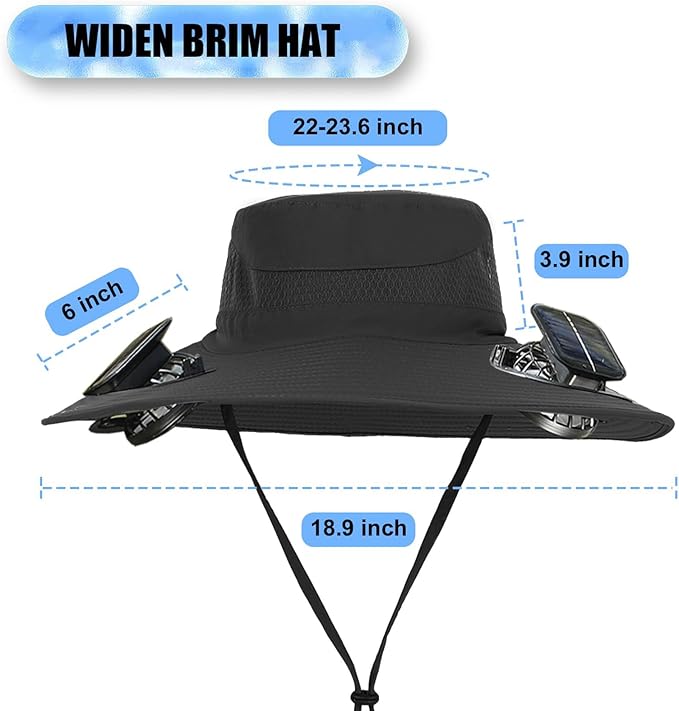Solar Fan Sun Hat, Widen Brim Outdoor Fishing Men Hat with 2 Fans, Adjsutable 180°Rotating Cooling UPF 50+