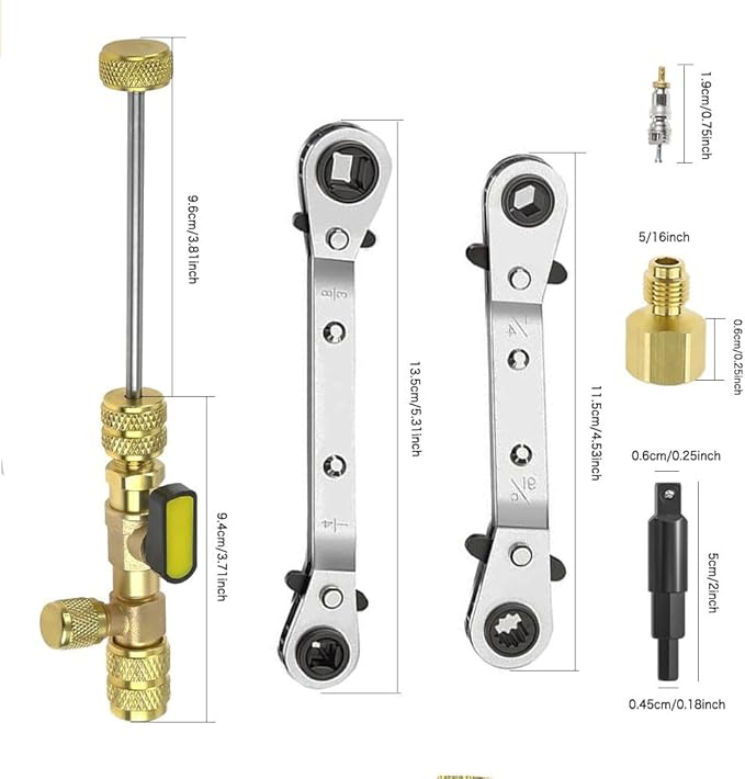 Valve Core Remover Installer Tool & HVAC Service Wrench Set with Hex Bit Adapters, Dual Size SAE 1/4 & 5/16 Port,3/8'' to 1/4'', 5/16'' x 1/4'' Refrigeration Service Wrench,10pcs Valve Core