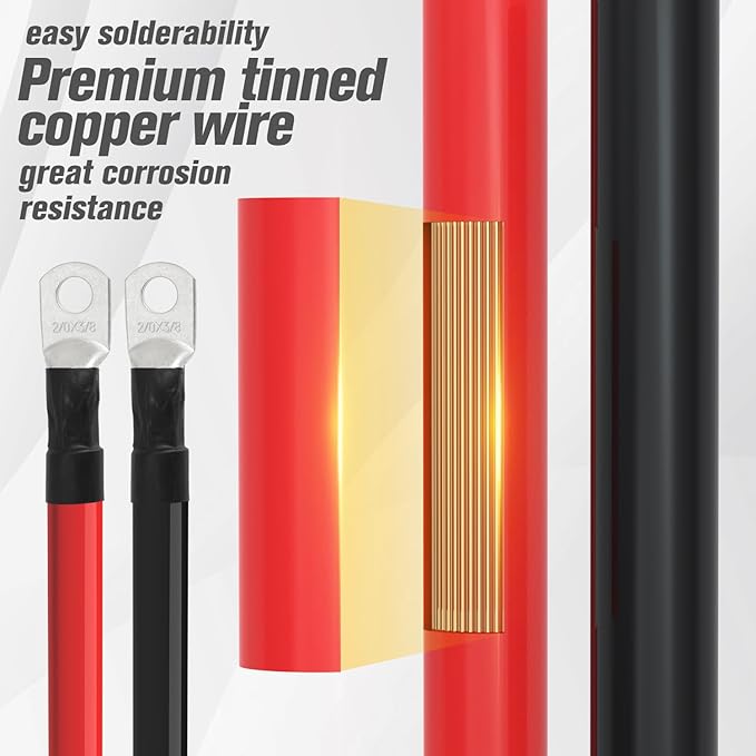 2/0 AWG Battery Cable 2/0AWG Gauge Battery Inverter Cables for Automotive Solar Marine Boat RV Car Motorcycle (2/0 AWG, 3FT, 3/8")