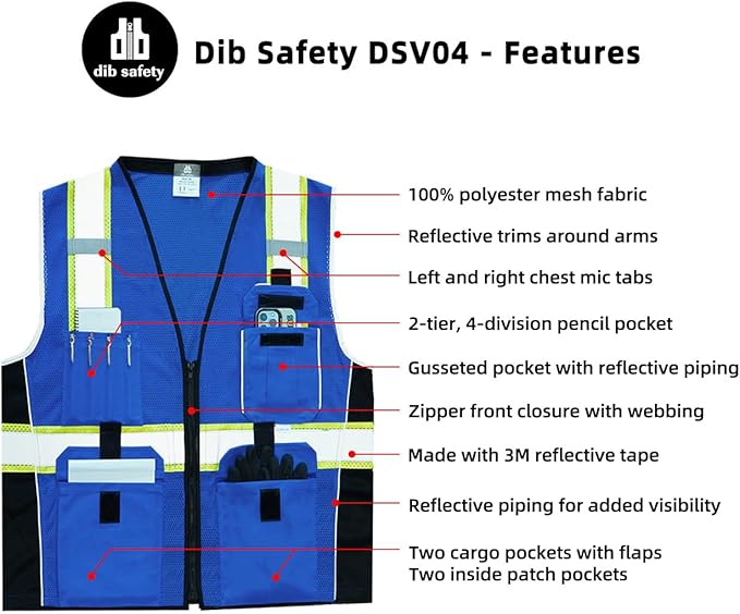 Dib Safety Reflective Vest Blue Mesh, High Visibility Vest with Pockets and Zipper, Heavy Duty, Made with 3M Reflective Tape, S