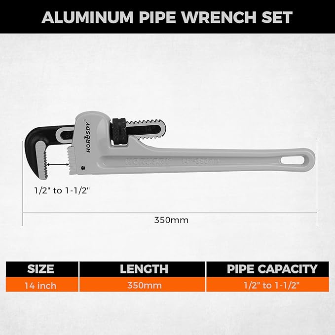 HORUSDY Pipe Wrench 14-Inch, Aluminum Heavy Duty Adjustable Straight Plumbing Pipe Wrench, 350mm, 1/2"–1-1/2" Capacity, Lightweight Gray Tool with Strong Grip for Pros, Maintenance & DIY