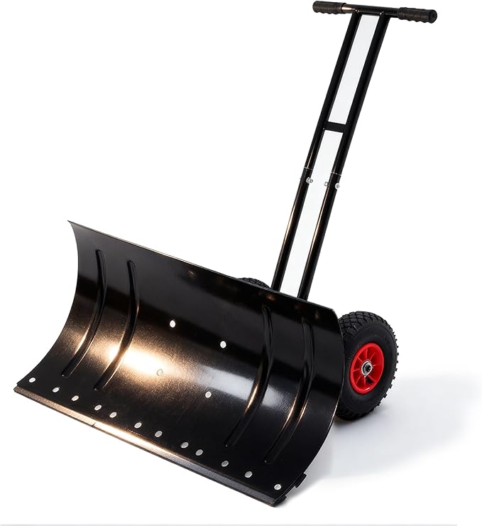 Snow Shovel with 2 Wheel(10 inch), 29in Heavy Duty Snow Plow Hand Pusher for Driveway, 5 Level Adjustable Blade Angle & Height Ergonomic Handle, Sidewalk and Pavement Clearing