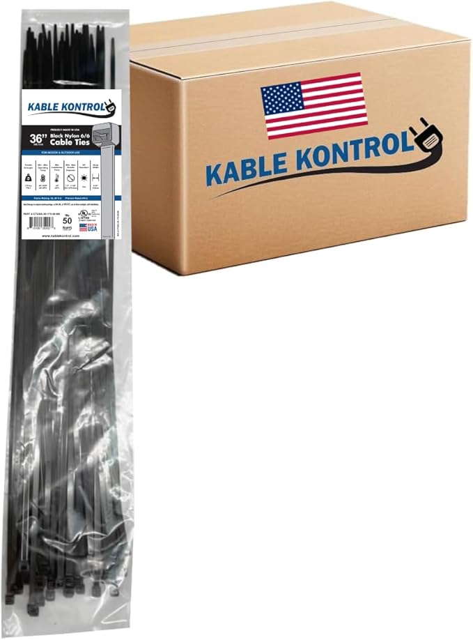 Kable Kontrol Made in USA Cable Zip Ties, 500 Pcs 36 Inch Black, 175 Lbs Tensile Strength, Bulk Pack, Self-locking UV Resistant Plastic Nylon Wire Ties, for Indoor or Outdoor Use