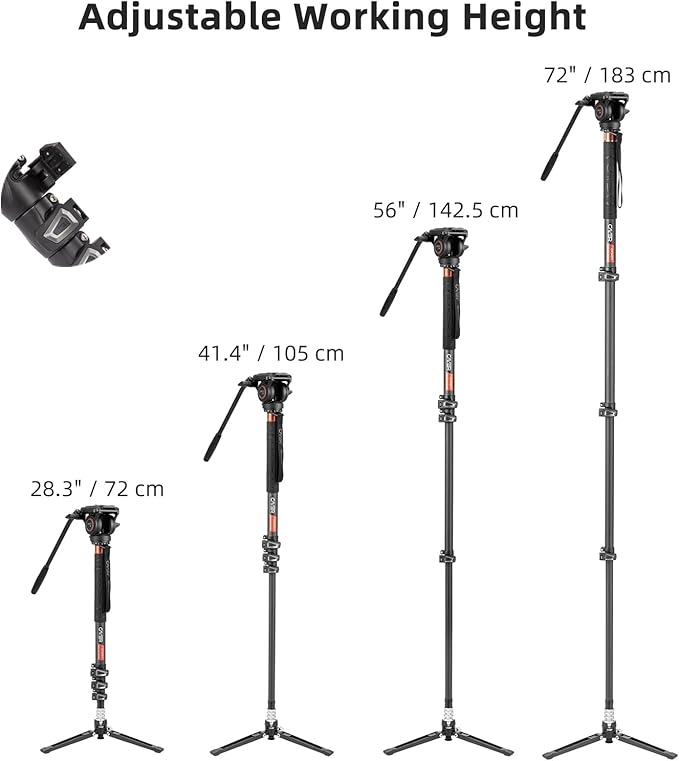 Cayer Monopod Camera Stand, Carbon Fiber Telescopic Monopods Kit with Video Fluid Head and Folding Support Base, 1 Extra Sliding Plate, for DSLR Video Cameras & Camcorders, CF34, 72 Inch