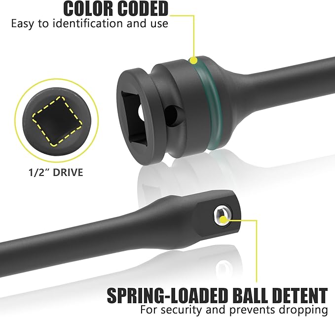 1/2" Drive 65 Ft-Lbs Torque Limiting Extension Bar, 8 Inch Color-Coded Lug Nut Torque Sticks