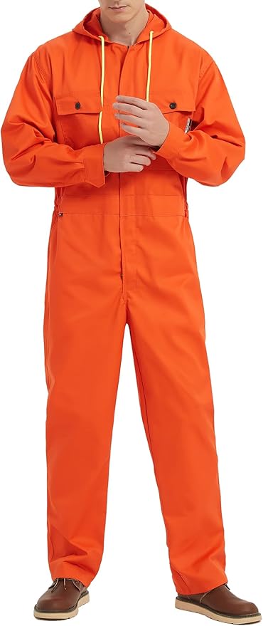 Mens Cotton Blend Long Sleeve Coverall Multi Pockets Zip Overall Mechanic Work Jumpsuit with Hood