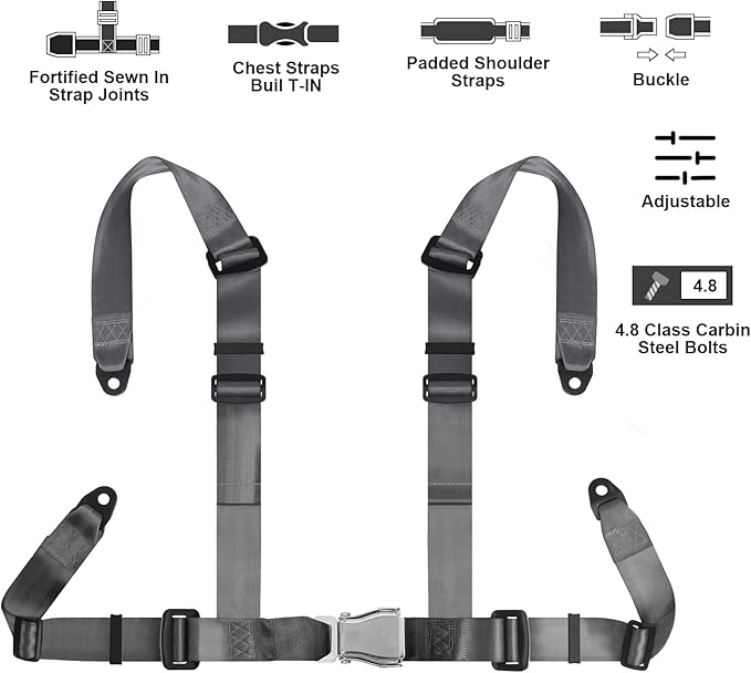 Yakitoko Universal 4 point Safety Harness Set 2" Fits Go Kart,UTV,ATV,Racing Gray
