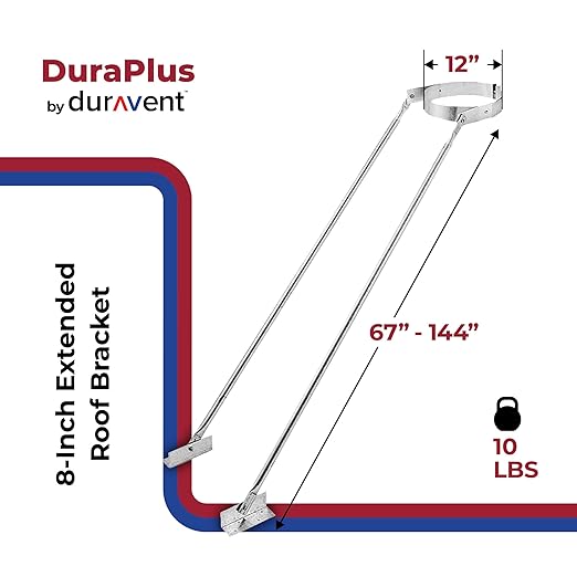 DuraVent DuraPlus 8 Inch Extended Roof Bracket Chimney Stove Pipe Support for Stability, with Mounting Brackets and Adjustable Legs, Silver
