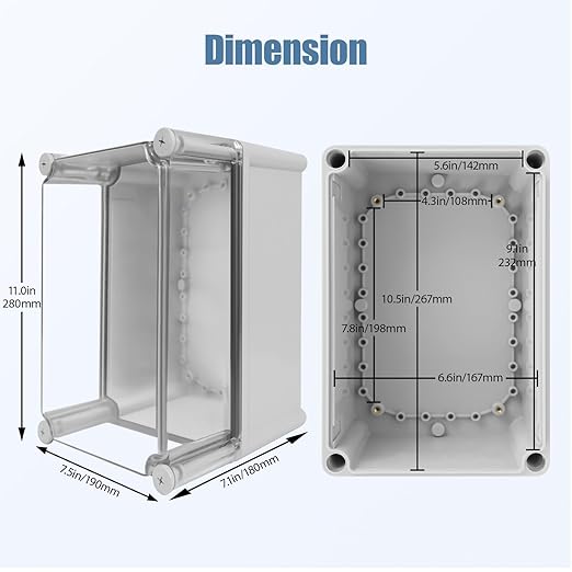 LeMotech Junction Box IP67 Waterproof Dustproof Electrical Box Project Box DIY Enclosure Gray with Transparent Clear Cover, External Size 11x7.5x7.1in (280x190x180mm)