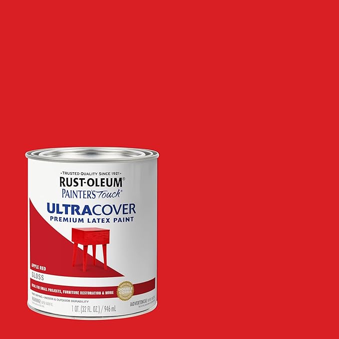 Rust-Oleum 1966502 Painter's Touch Brush Acrylic Latex Paint, 1 Quarts (Pack of 1), Gloss Apple Red, (Pack of 1)