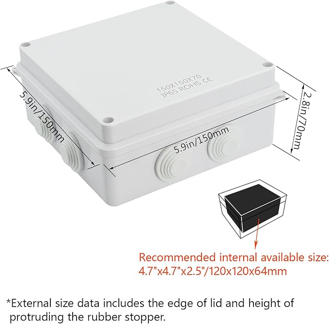 LeMotech ABS Plastic Dustproof Waterproof IP65 Junction Box Universal Electrical Project Enclosure White 5.9 x 5.9 x 2.8 inch (150 x 150 x 70 mm)