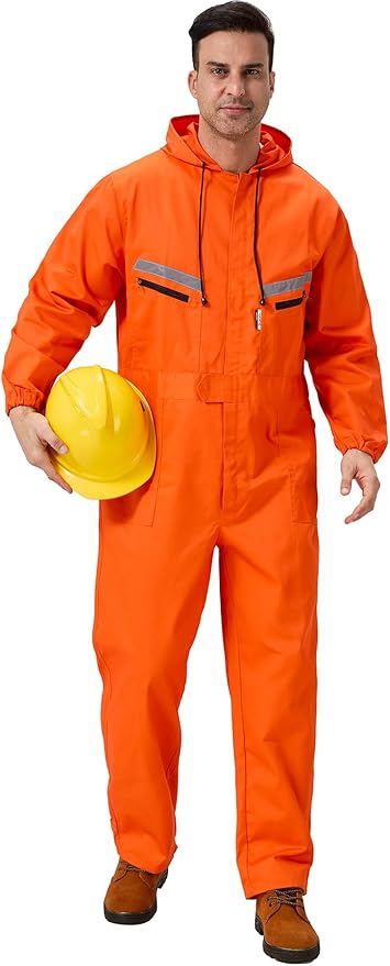 Mens Work Coveralls Mechanic Hooded Overall Workwear Jumpsuits Long Sleeve Hi Viz Coverall with Zippers