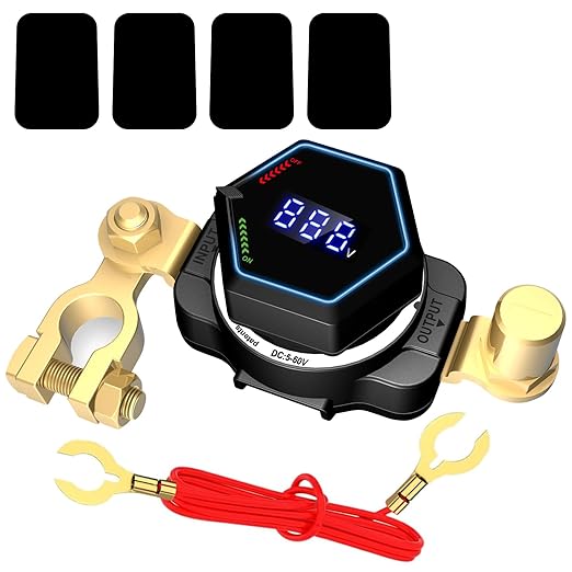 Top Post Battery Disconnect Switch with Voltmeter, DC 5-80V Master Isolator On Off Kill Switch Power Cut/Shut Off Switch for Marine Boat RV Car Truck Camper Trailer