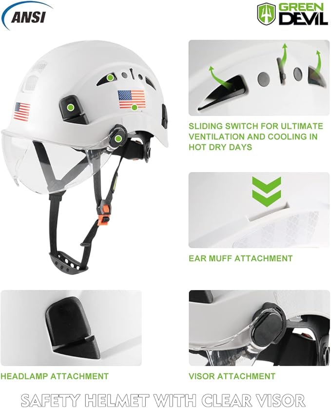 GREEN DEVIL Safety Helmet Hard Hat with Visor Chinstrap Adjustable Lightweight Vented ABS Work Helmet for Men and Women 6-Point Suspension ANSI Z89.1 Approved Ideal for Industrial & Construction