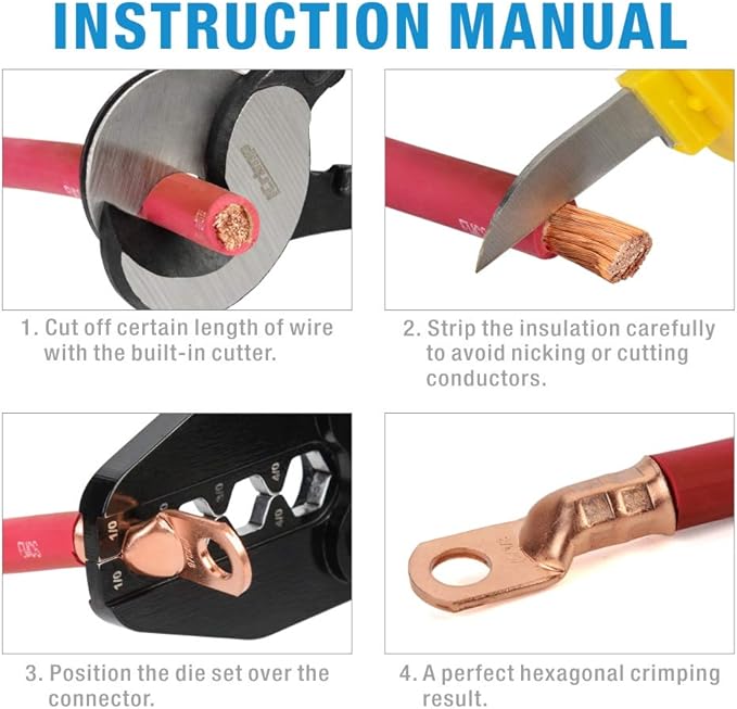 iCrimp Battery Cable Lug Terminal Crimping Tool, for 1/0, 2/0, 3/0, 4/0 Gauge, Battery Cable End, Heavy Duty Lug, Copper Wire Lug Crimper