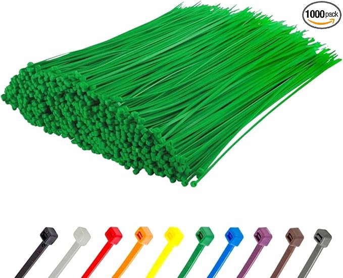 GTSE 8 Inch Green Zip Ties, 1,000 Bulk Pack, 18lb Strength, UV Resistant Small Nylon Cable Ties, Self-Locking 8" Tie Wraps