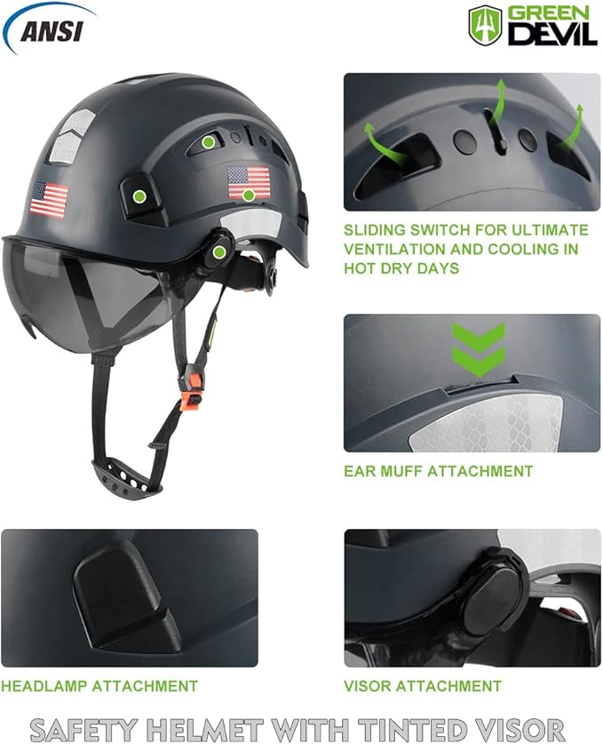 GREEN DEVIL Safety Helmet Hard Hat with Visor Chinstrap Adjustable Lightweight Vented ABS Work Helmet for Men and Women 6-Point Suspension ANSI Z89.1 Approved Ideal for Industrial & Construction