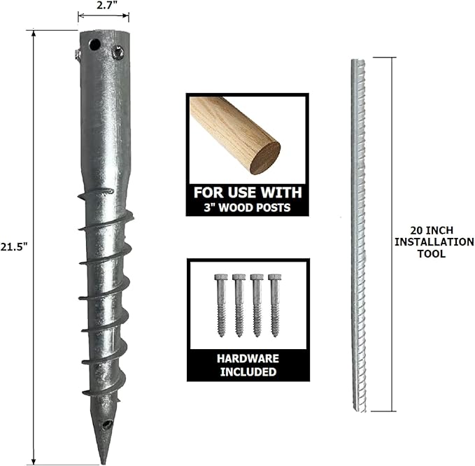 Ashman Round Posts (1 Pack), Outdoor No Dig Ground Anchor with Helical Spiral, 21" Long - Fits Flag Pole Base Ground Mount Screw
