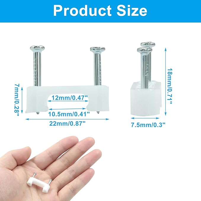 Biaungdo 100 Pcs Cable Wire Clips with Two Steel Nails, 12mm White Cable Clips Nail Management Nail-in Clamps Wall Wire Cable Fasteners for Ethernet Cord, Cable(6mmx2)
