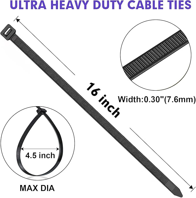 1200pcs Black Cable Zip Ties 16 Inch, Heavy Duty Plastic Wire Ties with 100lb Tensile Strength, Self-Locking Black Nylon Tie Wraps for Indoor and Outdoor