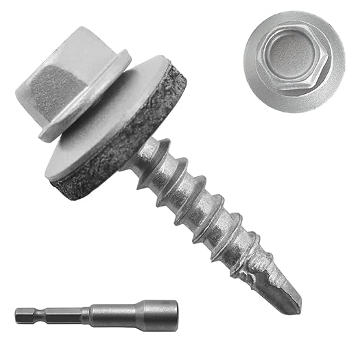 300pcs #10 x 1 Galvanized Hex Head Self-Drilling Metal Roofing Screws, EPDM Washer, No Paint, Wood Screws, Sheet Metal Roof Screw with Hex Driver Bit