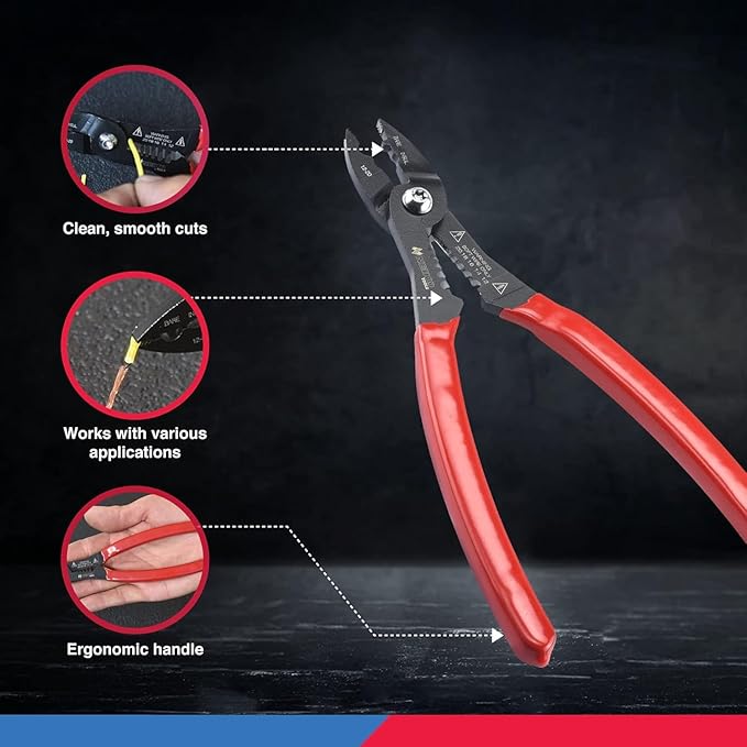 NEIKO 02037A Compact Wire Stripper | 4-in-1 Multi Purpose Electricians Pliers | Wire Crimper, Cutter and Gripper | 12-20 AWG Wire Service Tool | Crimps Insulated & Non-Insulated | Electrical Stripping