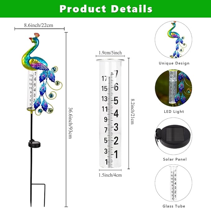 Peacock Rain Gauge Outdoor 36.6" Solar Powered Large Rain Gauges Freeze Proof Water Gauge with Metal Stakes Decorative for Garden,Lawns,Patio