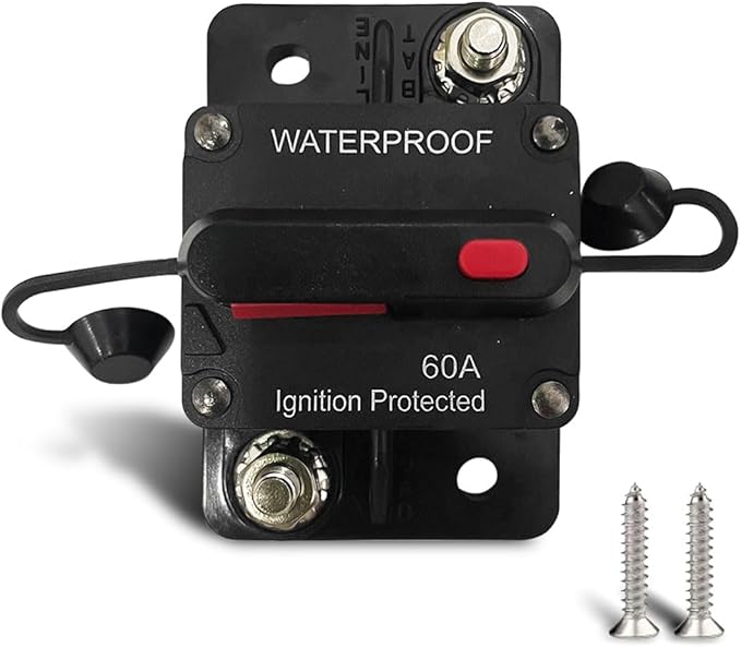 60Amp Circuit Breaker, DC 12V-48V Waterproof Inline Fuse with Manual Reset Switch, for Boat Trolling Motor Stabilizer Marine ATV Solar System Stereo Audio Trailer Vehicles Electronic Battery