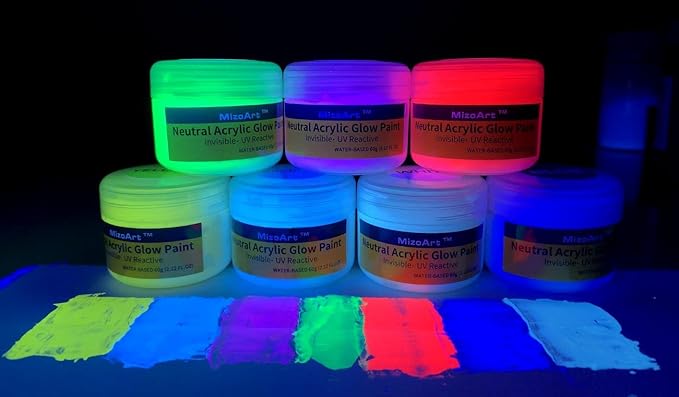 MizoArt SIX Color Invisible UV Paint Set For Indoor/Outdoor Use or Invisible UV Black light Paint Set 0.7oz/pot