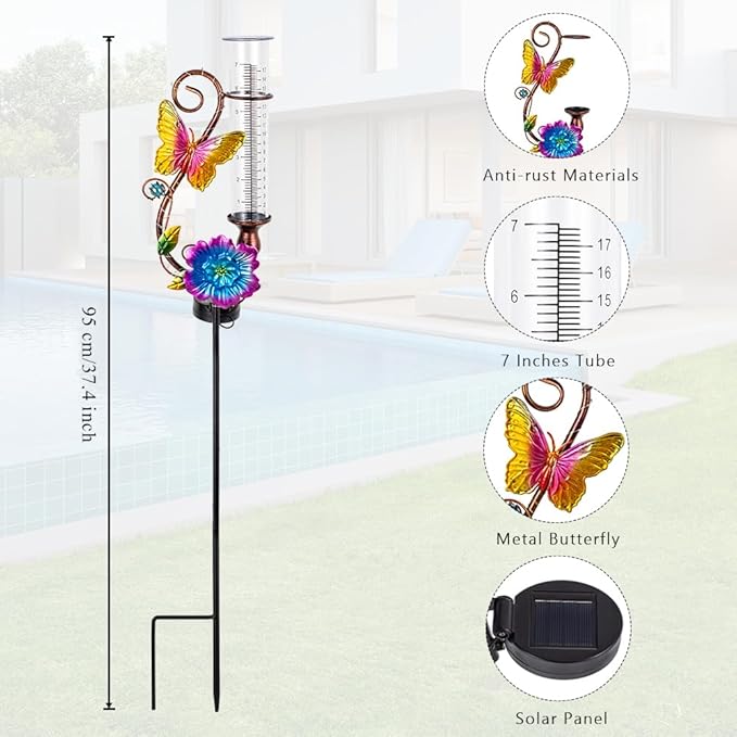 Butterfly Rain Gauge Outdoor, Solar Rain Gauge with Metal Stake, 7 Inch Tube Decorative Color Lights Rain Measure Gauge for Patio, Lawn, Garden