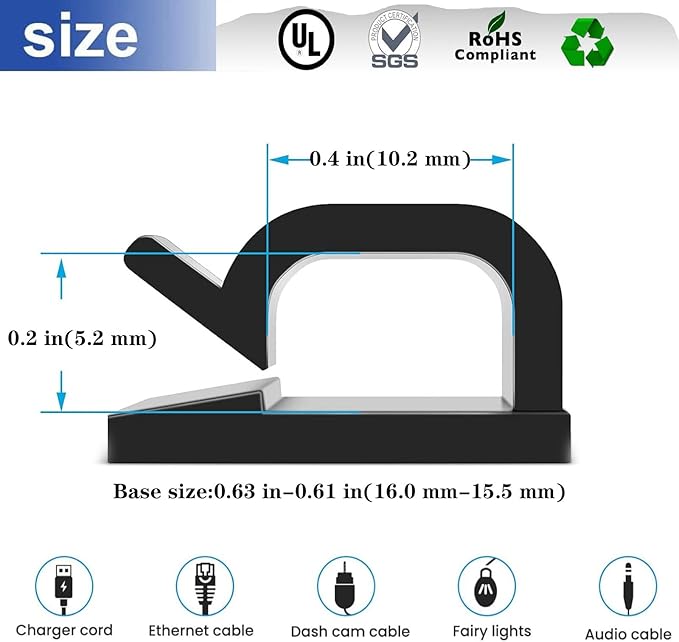 Adhesive Cable Management Wire Clips(Black 100 Pcs),Wires Clips Holders for Cords on wall,Outdoor Cable Clips,Suitable for Under Tables, Cars, Walls, televisions, Christmas Lights