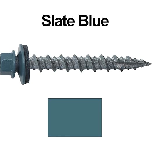 Metal ROOFING SCREWS: (250) 10 x 1-1/2" Slate Blue Hex Head Sheet Metal Roof Screw. Self starting metal to wood siding screws. EPDM washer. Colored head