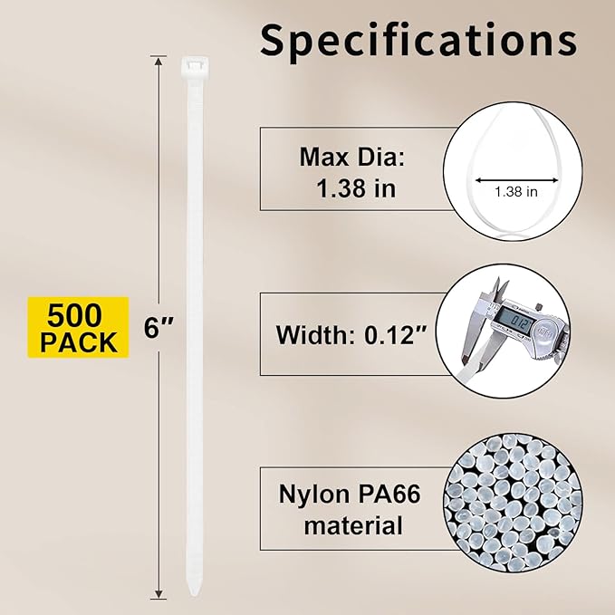 Zip Ties 6 Inch, 500 Pack, White Cable Ties for Multi-Purpose, Nylon/Plastic Wire Ties for Home Improvement, Office & Outdoor Use (Clear-Colored Style), 25lb Tensile Strength.