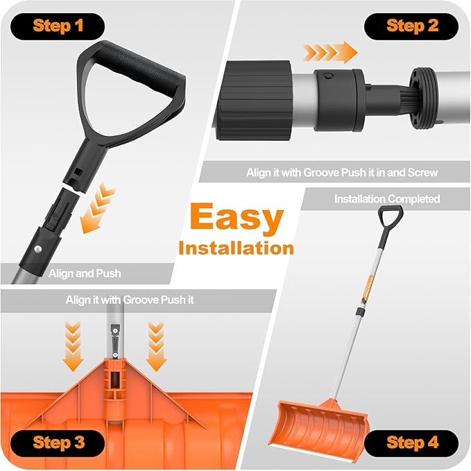 Snow Pusher, 24-inch Wide Snow Shovel for Driveway, Snow Removal Tool for Car Garage, Sidewalks and Doorways, Snow Pusher Shovel with Ergonomic Grip and Aluminum Strip, Orange