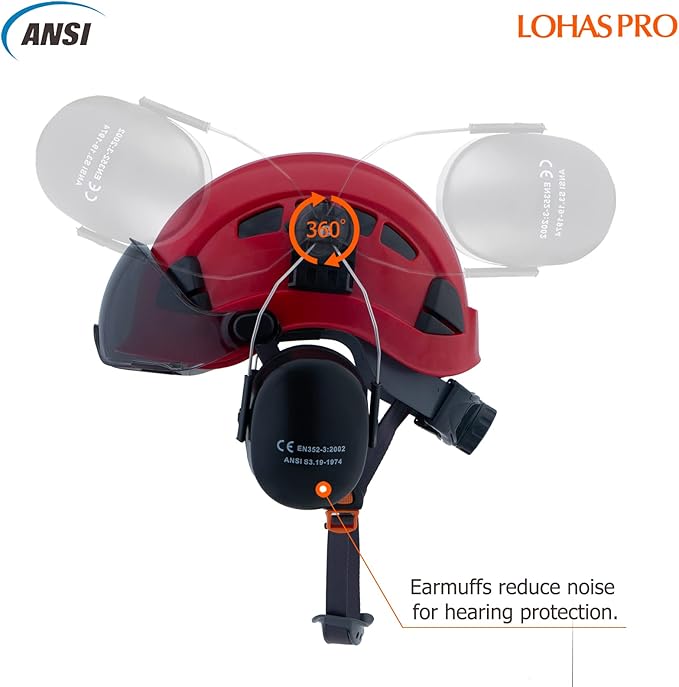 LOHASPRO Arborist Forestry Helmet Safety Hard Hat with Visor and Ear Muffs for Tree Service Logging Cutting Wood Chainsaw Helmet Garden Work Trimming Mowing(P91 Red+Smoked Visor+Earmuff)