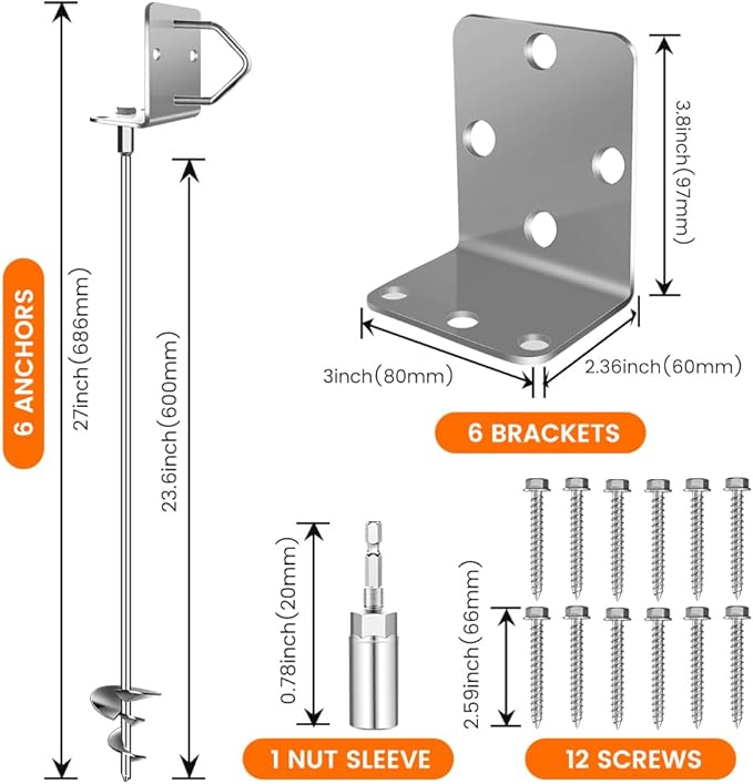Ground Anchors Shed Anchors 27" Set of 6 Trampoline Stakes Screw in Heavy Duty Mobile Home- Storage Shed Anchor Kit - Playset Swing Anchors - Stakes for Fence,Carport,Garden (Silver, 6 x 27in)