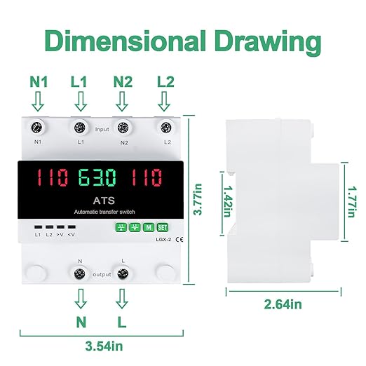 63A 110V Automatic/Manual Transfer Switch, L1 Priority Phase Selector, LED Display, Din Rail Mount, 50/60Hz, CE Certified ATS for Generator, Inverter, Public Power