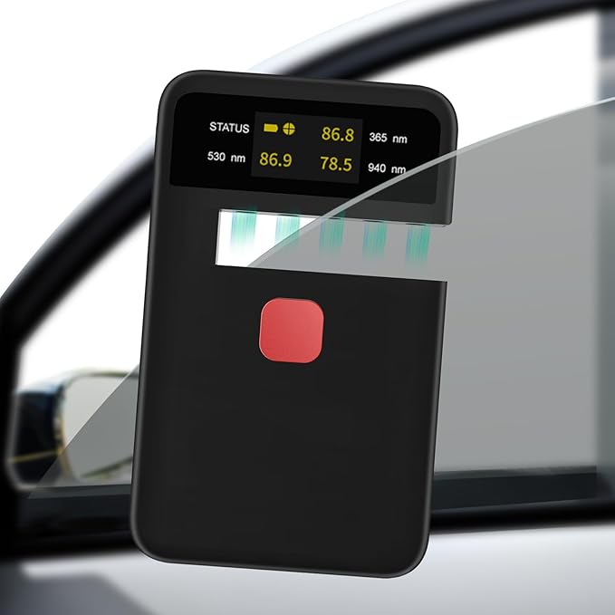Digital Tint Meter Handheld Window Tint Solar Film Transmission Meter Type-C Charge VLT UV IR Detection Transmittance Meter Automatic Calibration Auto Glass Solar Film Tester Max 1/2" Thickness