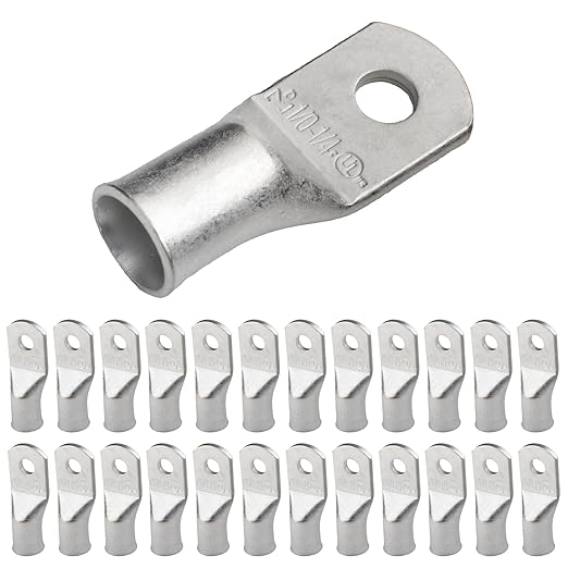 SELTERM 25pcs 1/0 AWG 1/4" Stud Marine Grade Tinned Copper Battery Cable Lugs, 0 Gauge Ring Terminals, UL Wire Lugs Electrical Battery Cable Ends, Tinned Copper Lugs Battery Terminal Connectors