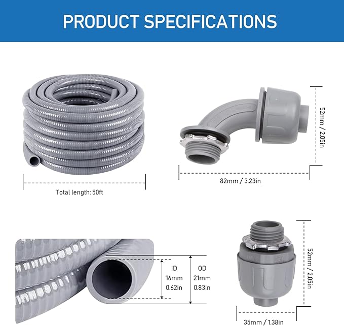 Z 1/2" Dia * 50 Feet Flexible Electrical Conduit Liquid Tight PVC Conduit Kit with 5 PCS Coupling, 5 PCS Elbow and 10 PCS Strap