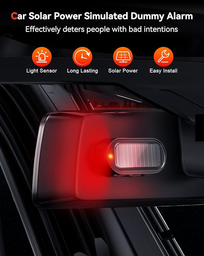 Car Solar Power Simulated Dummy Alarm, Vehicles Security Anti-Theft LED Flashing Fake Lamp with Light Sensor, Car Alarm Light for SUV, RV, Truck (4PC,Red)